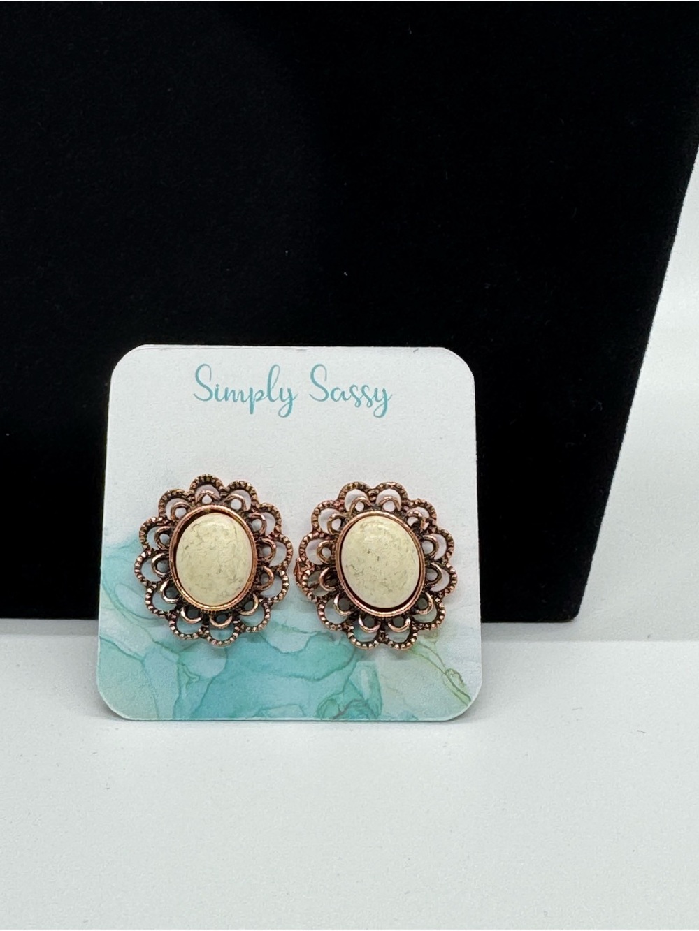 Cream and Antique Copper  Filigree Stud Earrings